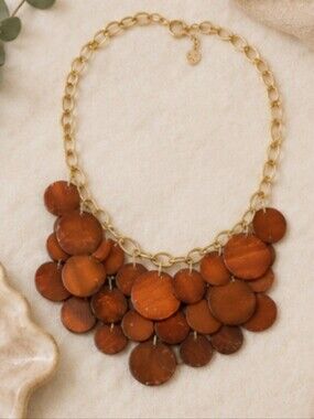 Talbots Gold-Tone Statement Bib Necklace | 19" | Brown Resin Disc Cluster